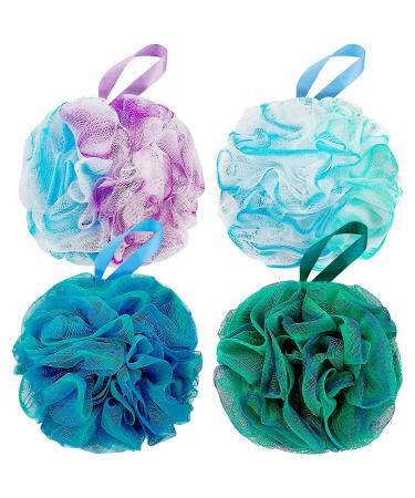 DadyMart Bath Shower Loofah Sponge 60g Bath Mesh Pouf Shower Ball Body Scrubber Exfoliating Bath Sponge for Women and Men, Set of 4, Flower Color Loofah-Medium Flower