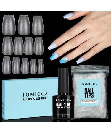 TOMICCA Coffin Nail Tips Nail Extension Kit Nail Tips and Glue Gel Kit 4 In 1 Nail Glue and Base Gel with 150Pcs Coffin Nails Clear Nail Kit Easy Nail Extension Set Gifts for Women Girls Short Coffin Nail Kit