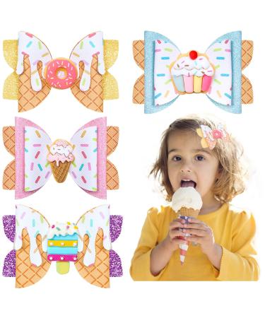 Whaline 4Pcs Dessert Glitter Bow Hair Clips Cupcake Donut Ice Cream Hair Bow Barrette Summer Colorful Leather Hairgrips Sparkly Alligator Clips for Girls Women Hair Accessories Birthday Party Supplies