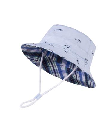 LANGZHEN Beach Sun Protection Hat for Baby Girls Adjustable Toddler Kids Hat Wide Brim Summer Play Hat with Chin Strap Light Blue - Fish 2-4 Years