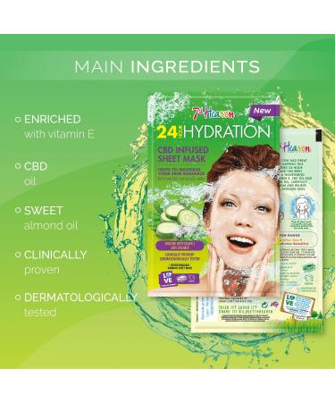 7th Heaven 24 Hour Hydration CBD Infused Bamboo Sheet Facial Mask Enriched with Vitamin E Helps to Maintain your Complexion's Radiance and Revitalise Fatigued Skin Dermatalogically Tested single Cucumber - Buy Online on SooperMarket.com
