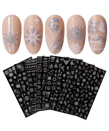 JMEOWIO 8 Sheets Christmas Glitter Nail Art Stickers Decals Self-Adhesive Snowflake Xmas Winter Holiday Cute Silver White Nail Supplies Nail Art Design Decoration Accessories Silver White & Glitter