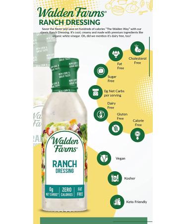 Walden Farms Ranch Dressing 12 oz - Sugar Free, Non-GMO, 0g Net Carbs - 2 Pack 12 Fl Oz Bottle - Fresh & Delicious Salad Topping - Buy Online on SooperMarket.com