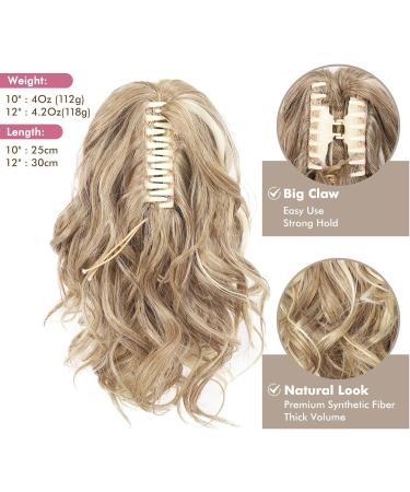REECHO 10 Inch Short Curly Ponytail Extension Claw Clip in Synthetic Hairpiece - Medium Blonde with Highlights | Natural Wavy Ponytail Extension for Women - Buy Online on SooperMarket.com