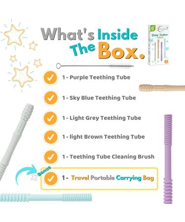 Soft Silicone Teething Tubes for Babies (4 Pack) with Cleaning Brush - Safe Teether Toy for Infants & Toddlers - Buy Online on SooperMarket.com