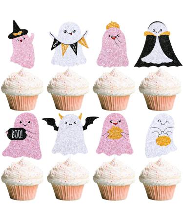 Whaline 48Pcs Halloween Ghost Cupcake Toppers with Paper Sticks and Glue Points 8 Design Cute Pink Black Ghost Cupcake Picks Halloween Cake Toppers for Halloween Birthday Party Cake Decorations