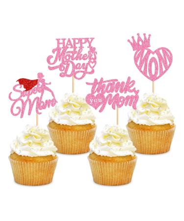 Cyodoos 24 Pcs Happy Mothers Day Cupcake Toppers Glitter Cake Toppers Cupcake superman Thank you Mom Happy Birthday Party Supplies Decorations Pink