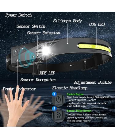 Rechargeable Headlamp 2 Pack for Adults | 230 Bright Beam & Spotlight | Motion Sensor, 6 Modes | Lightweight Head Lamps Flashlight for Repairing, Camping, Running, Cycling | Black - 2 - Buy Online on SooperMarket.com