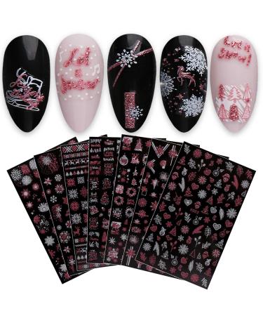 JMEOWIO 8 Sheets Christmas Glitter Nail Art Stickers Decals Self-Adhesive Snowflake Xmas Winter Holiday Cute Pink White Nail Supplies Nail Art Design Decoration Accessories Pink White & Glitter