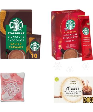 Temas Instant Hot Chocolate Sachets Variety Flavours Includes (Pack of 10) Salted Caramel & Toffee Nut Bundled With Marshmallow Pack & Hot Chocolate Stirrers (Twenty Pack Caramel & Toffee Nut) Caramel & Toffee Nut 425 g (Pack of 4)
