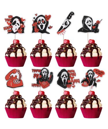 Rsstarxi 40 Pack Horror Movie Scam Cupcake Toppers Telephone No You Hang Up Killer Birthday Cupcake Toothpicks for Halloween Horror Movie Theme Birthday Party Cake Decorations Red Design 1 Red