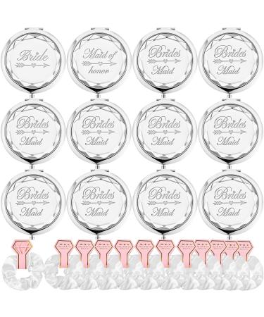 Pack of 12 Compact Pocket Makeup Mirrors Set Include 1 Bride Mirror 1 Maid of Honor Mirror and 10 Bridesmaid Mirrors and 12 Pack Hair Ties for Bachelorette Party Bridesmaid Proposal Gifts. (Silver)