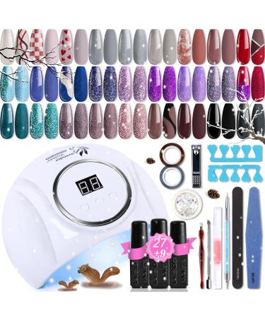 Lavender Violets 48 Pcs Gel Polishes UV LED Nail Curing Lamp Dryers 54W Nail Lights With Nail Dotting Drawing Brush Pen Base Coat Matte & No Wipe Top Coat Starter Kit Q975 48 Pcs Set Colour-Q975