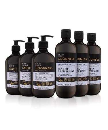 Baylis & Harding Goodness Sea Kelp & Peppermint Toiletries Bundle: 3 x 500 ml Hand Wash & 3 x 500 ml Body Wash (6 bottles) - Vegan Friendly Sea Kelp & Peppermint Body Wash Bundle