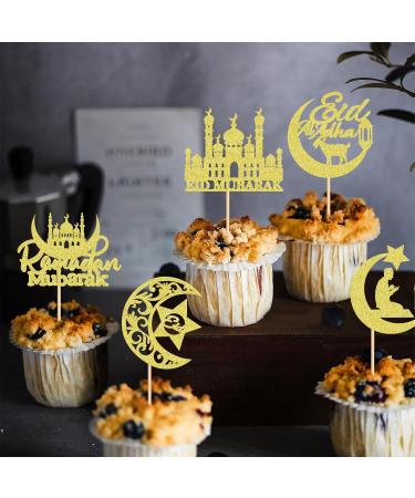 Cyodoos 25Pcs Eid Mubarak Cupcake Toppers Happy Eid Moon Star Ramadan Kareem Cupcake Picks for Eid Islamic Muslim Theme Party Cake Decorations Supplies - Gold Glitter Golden2 - Buy Online on SooperMarket.com