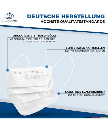 Charlemain 150x Surgical Masks - German Made EN 14683 Type IIR CE Certified BFE 99.9% Disposable 3-Layer Latex-Free Mouth and Nose Protection - 150 Pack White - Buy Online on SooperMarket.com