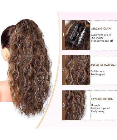 PORSMEER Claw Clip in Ponytail Hair Extensions 18 inches Long Curly Brown Ponytail Multi Layered Natural Fluffy Wave Synthetic Hairpiece for Womens Girls Everyday Wear Brown with highlights - Buy Online on SooperMarket.com