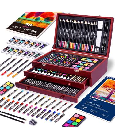 175 Piece Deluxe Art Set with Acrylic Paints and Drawing Pads in Wooden Case - Professional Art Kit for Adults, Teens, and Artists - Cherry - Buy Online on SooperMarket.com