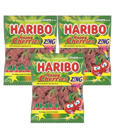 Happy Cherries Zing Fizzy Gummy Sugar Coated Sweets Cherry Flavour 160g - 3x Share Bags