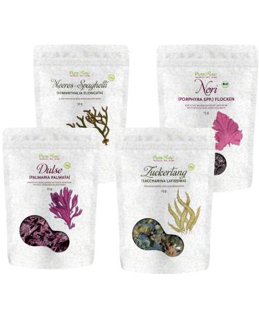 Organic algae set-Sea spaghetti sugartang dulse leaves nori flakes dried atlantic (raw vegan) Seetang Kombu Kelp Umami for Dashi Salzerwacht-Organic Raw Dried Seaweed |Pureeraw 90g Mix algae set set