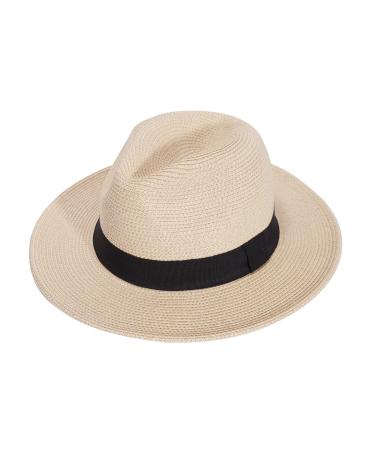 Joywant Womens Straw Fedora Beach Sun Hat Packable Wide Brim Panama Hat for Women UV UPF50+ Summer Hat-Abby Beige
