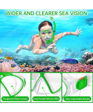 WANFEI Kids Mask Fin Snorkel Set - Dry Top Snorkel, Diving Flippers, Panoramic View Diving Mask - Green | Snorkeling Gear for Boys and Girls - Buy Online on SooperMarket.com