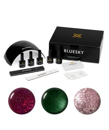 BLUESKY Gel Nail Polish Starter Kit - Glitters Gel Nail Kit with 24W UV LED Lamp Nail Dryer 3 x 10ml Gel Nail Polishes Cleanser Wipes Top and Base Coat Nail File and Buffer