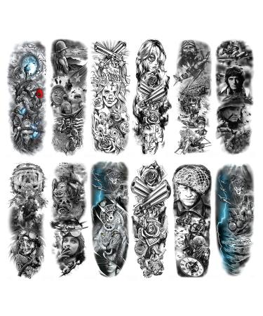 DaLin 12 Sheets Extra Large Full Arm Temporary Tattoos Tattoo Sleeves Stickers for Men Women (Military Army Collection)