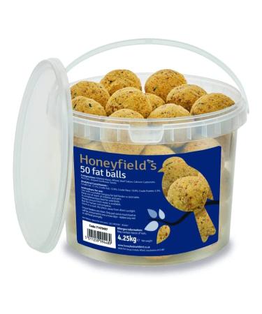 Fat Balls for Wild Birds (50) - High Energy Suet Feed Nutritious Great for Hanging Feeders Attracts Birds to Garden All Year Round - Honeyfield's 4.25 kg (Pack of 1) Tub of 50 Fat Balls 4.25 kg (Pack of 1)