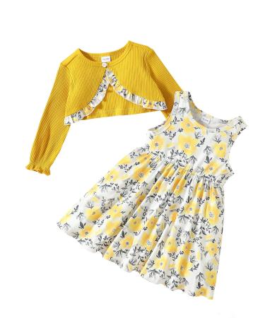 puseky Toddler Girl Dress and Cardigan 2 Piece Girl Floral Print Sleeveless Dress and Ribbed Cardigan Coat Set 2-3 Years Yellow