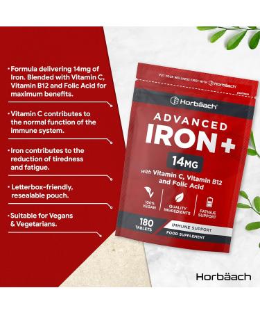 Iron Tablets High Strength | Iron Complex with Vitamin C Folic Acid & Vitamin B12 | Supplement for Men & Women | 180 Vegan Tablets | by Horbaach - Buy Online on SooperMarket.com