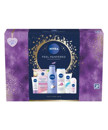 NIVEA Feel Pampered Skincare Gift Set (6 Products) Women's Gift Set Includes Shower Cream Anti-Perspirant Body Lotion Soothing Day Cream SPF15 Soft Moisturising Cream and Face Sheet Mask