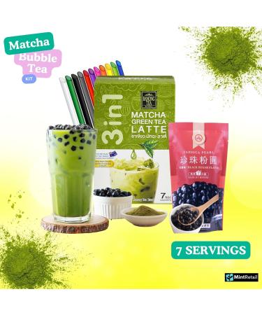 Matcha Bubble Tea Kit (7 servings) with Ranong Thai Tea Mix Matcha Green Tea Latte Instant Mix 161g and Wu Fu Yuan Black Tapioca Pearls 250g Including Mint Retail Boba Tea Straws - Buy Online on SooperMarket.com
