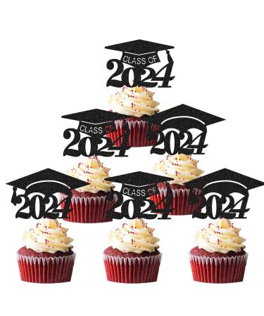 24Pcs 2024 Graduation Cupcake Toppers - Graduation Cake Decorations Class of 2024 Congrats Grad 2024 Cap Cupcake Picks for 2024 Graduation Party Supplies Black