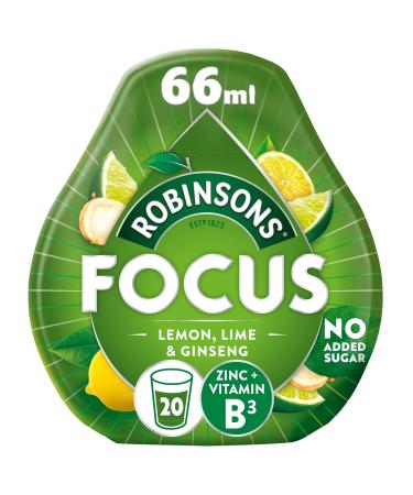 Robinsons Focus Benefit Drops Lemon Lime & Ginseng with Vitamin B3 and Zinc - With Real Fruit Juice - No Artificial Colours - No Added Sugar - Perfect for Travel - 66ml Focus 66 ml (Pack of 1)