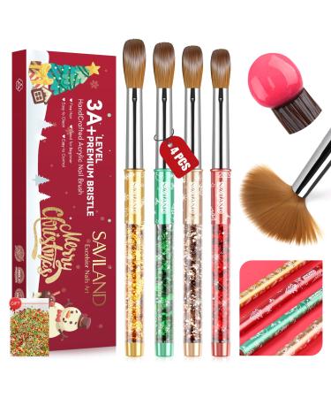Saviland Christmas Style Acrylic Nail Brush: 4PCS Nail Art Brushes for Acrylic Powder Acrylic Liquid Monomer Acrylic Nail Set Glitter Nail Art Tool Manicure Christmas Women Gift Sets(Size 6/10/12/14) 02-4 PCS-Christmas style