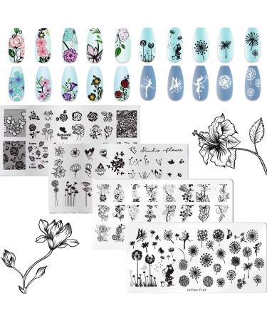 RUNRAYAY 4Pcs Flower Nail Stamp Plates Butterfly Nails Art Stamping Plate Rose Animal Nail Plates Template Image Manicure Nail Art Tools for Manicuring DIY Printing