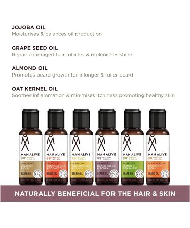 Man Alive Beard Oil for Men - 99% Natural Skincare 50ml with Oatmeal, Argan Oil, Jojoba Oil & Almond Oil - Softens Facial Hair, Ideal Men's Gift - Black Suede & Tonka Scent - Buy Online on SooperMarket.com