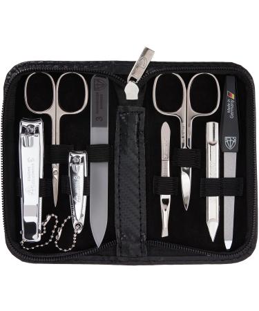 Three swords - 8 pcs.Manicure set 'Roma' |High quality nail care set in deep black synthetic leather etui |Contents: nail scissors set foot & nail clips tweezers glass nail files sapphire nail file carbon black / synthetic leather