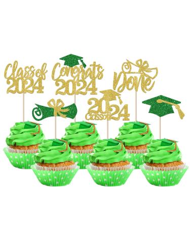 Rsstarxi 24 Pack Class of 2024 Cupcake Toppers 2024 Graduation Food Appetizer Picks 2024 Congrats Grad Cap Done Diploma Cupcake Picks for 2024 Graduation Theme Party Cake Decorations Gold Green