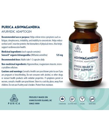 PURICA Ashwagandha with Sensoril - Natural and Organic Stress Relief Supplement Ideal for Men and Women 120 Vegan Capsules - Buy Online on SooperMarket.com