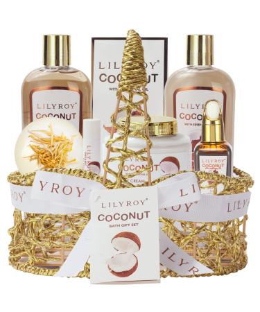 Spa Gift for Women Coconut Spa Gift Baskets 8Pcs Spa Gift Set With Shower Gel  Bubble Bath  Body Cream  Bath Oil  Bath Salt  Bath Bomb  Lip Balm  Golden Wire Basket. Gifts for Her.