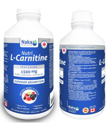 Naka Platinum Nutri L-Carnitine featuring 1500 mg Pure L-Carnitine +B Vitamins per each 15 ml serving Superior Absorption Natural Berry Flavour 20% Extra Bonus Size - 600 ml (500+100 Free)