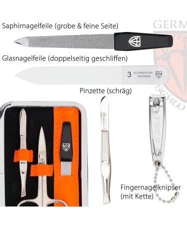 Three Swords Germany Manicure Set 'Genova' | 6-Pcs Nail Kit in Orange Artificial Leather Case | Includes Scissors Clippers Glass Nail Files & Tweezers - Buy Online on SooperMarket.com