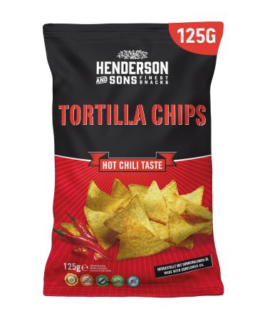 Henderson and Sons Tortilla Chips Hot Chili - 1 x 125 gram bag bags - Mais Tortillas with chilli flavor - Perfect snack for sports evenings like American football or football spicy chili 125 g (1 Pack)