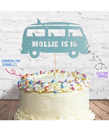 Cakeshop Cake Decoration Pack | Surfing Campervan Theme Premium Double Sided Glitter Card Cake Topper & 25g Party Pack of Cake Sugar Sprinkles | Custom Name & Age Cake Decoration (Baby Blue) Non-Prime Glitter Card: Baby Blue - Buy Online on SooperMarket.com
