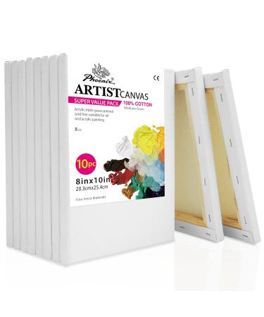 PHOENIX Stretched Canvas for Painting 8x10 Inch/10 Value Pack 8 Oz Triple Primed 5/8 Inch Profile 100% Cotton White Blank Canvas Artist Framed Canvas for Oil Acrylic & Pouring Art Studio Set (8 Oz.) 8x10