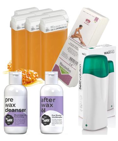 Kosmetex Wachset Honey |6x waxing boxes i 1x wax heater i 1x pre cleaner Mr. Wax i 1x after wax i 100x fleece strips set |Everything in it