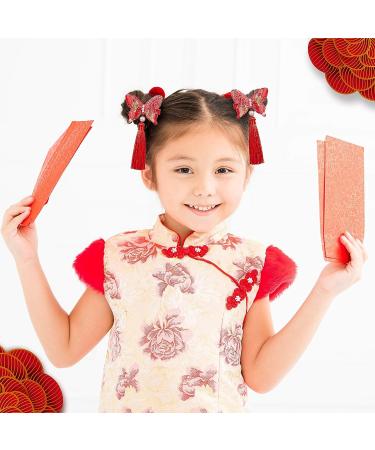 6 Pairs Baby Girls Chinese Style Hair Clips with Hairy Furry Balls and Tassels - Red Lantern Butterfly Decor - Perfect for New Year and Spring Festival - Buy Online on SooperMarket.com