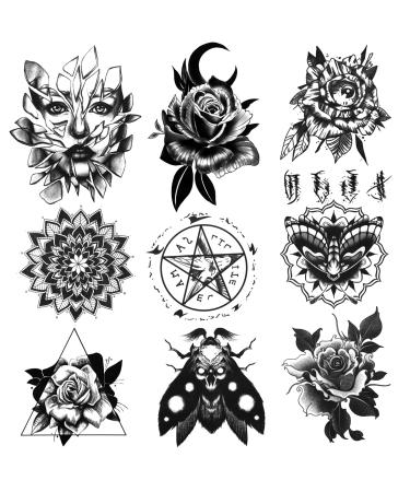 Oottati 9 Sheets Waterproof Hand Back Temporary Tattoo Stickers   Halloween Black Women Moth Flower Pentagram Skull